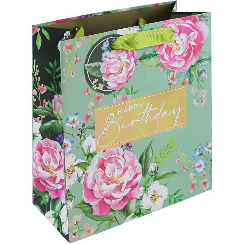 Gift Bag Medium Happy Birthday Aqua Peonies