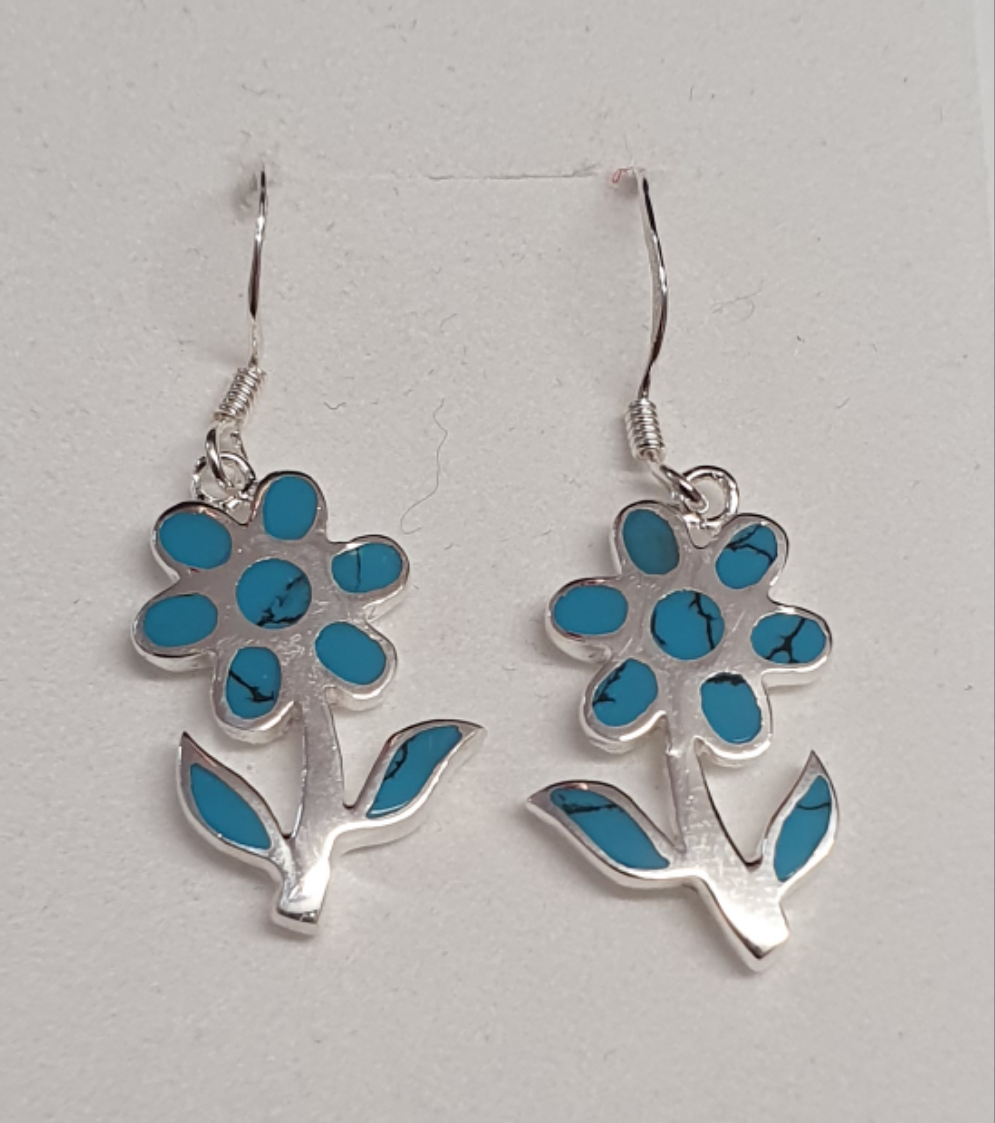 Sterling Silver Flower & Leaf Earrings Turquoise