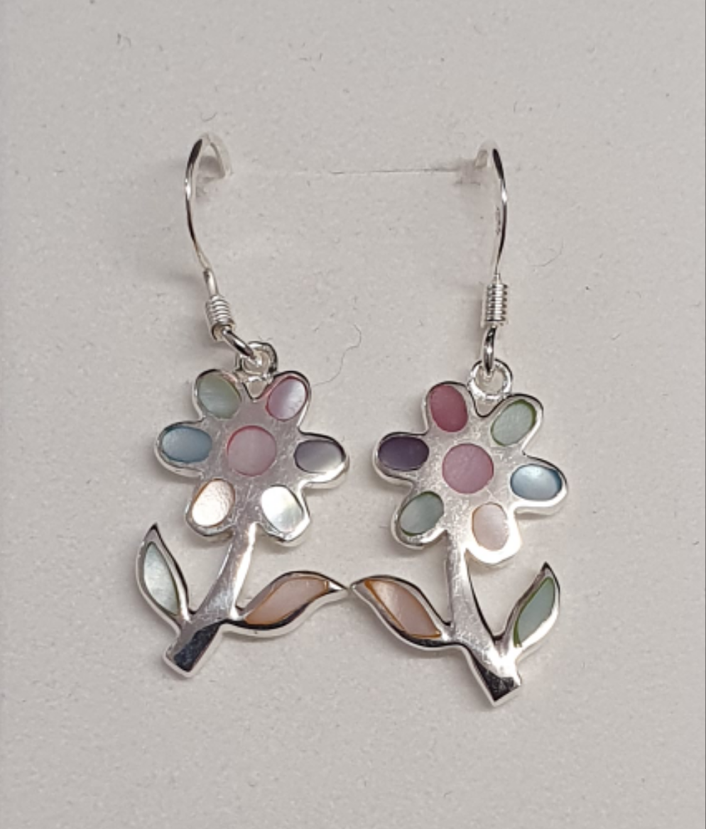 Sterling Silver Flower & Leaf Earrings Mother Of Pearl Multi