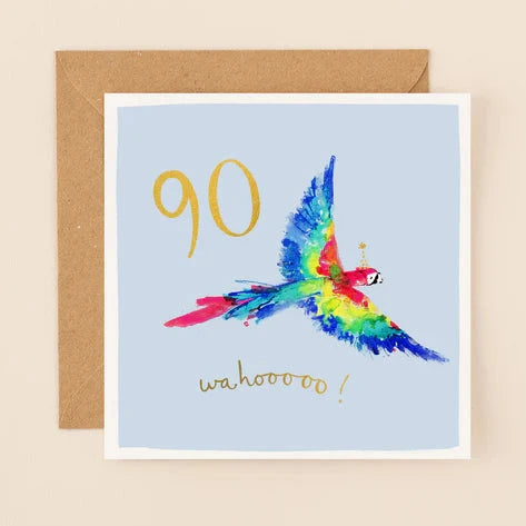 Watercolour 90th Birthday Macaw Card