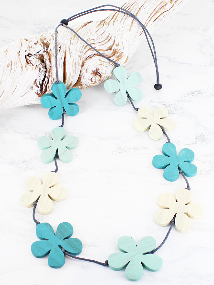 Suzie B Long Wooden Flower Necklace Aqua